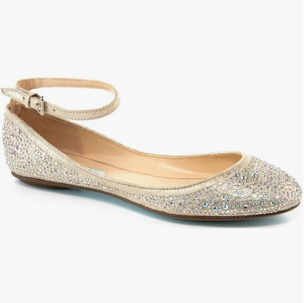 Betsey Johnson Joy Champagne Rhinestone Flats